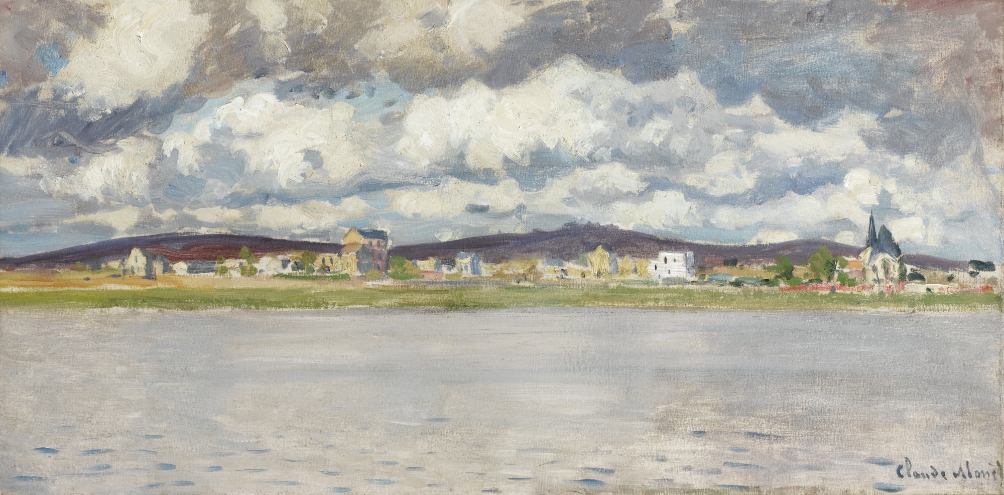 Argenteuil'in görünümü, Claude Monet, 1872: şehrin ve çan kulesinin panoraması, ön planda Seine ve bulutlu gökyüzü