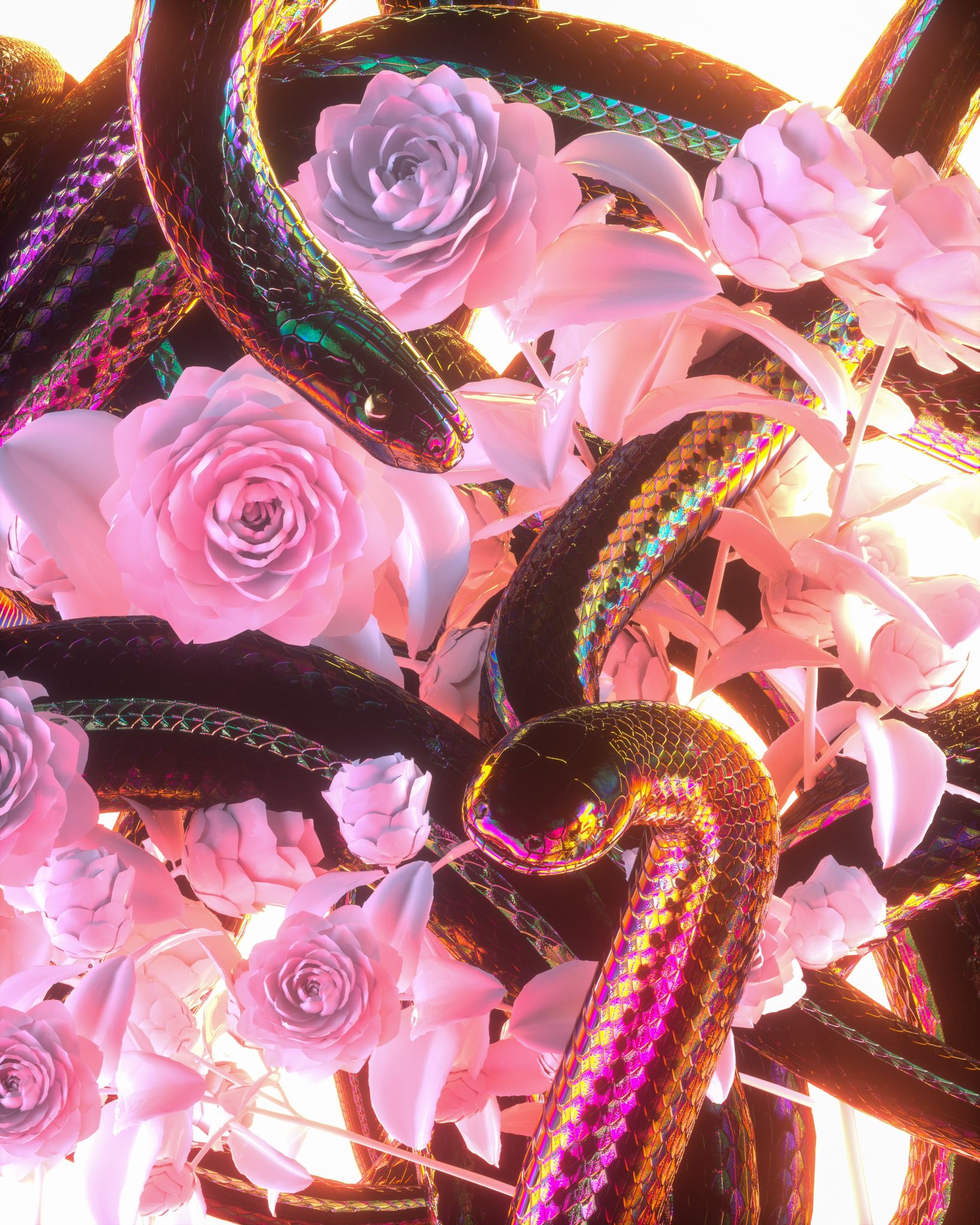 Iridescent black snakes coiling through a dense bed of pale pink roses and lilies